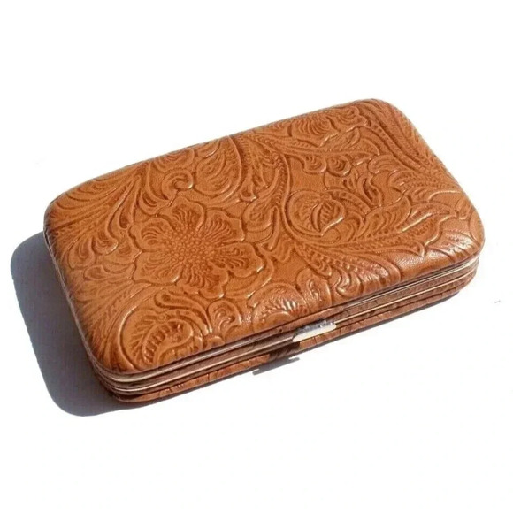 Vintage WESTERN Embossed Brown Hand Tooled CREDIT CARD Wallet Paisley - Picture 1 of 4